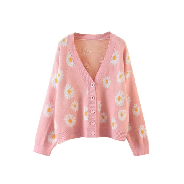 TheFound Women Button Down Sweater Long Sleeve V Neck Print Loose Knit Cardigan