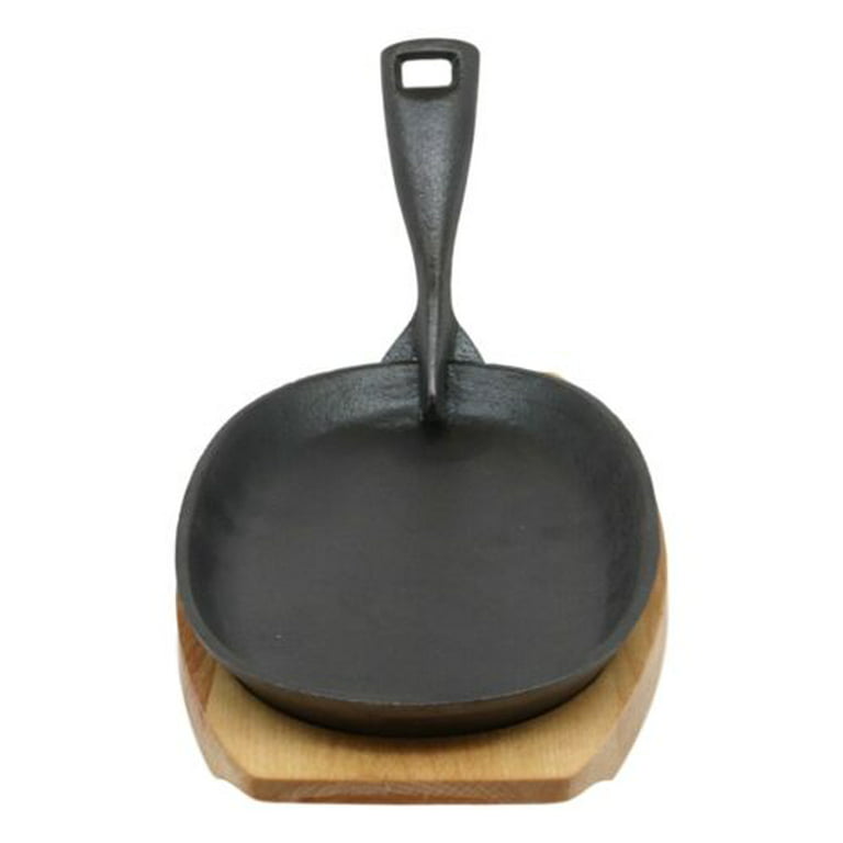 Ebros Personal Sized 9.5Lx5.5W Cast Iron Sizzling Fajita Skillet Japanese  Steak Plate With Handle and Wooden Base For Restaurant Home Kitchen