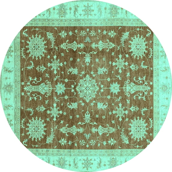 Ahgly Company Machine Washable Indoor Round Oriental Turquoise Blue Traditional Area Rugs, 6' Round