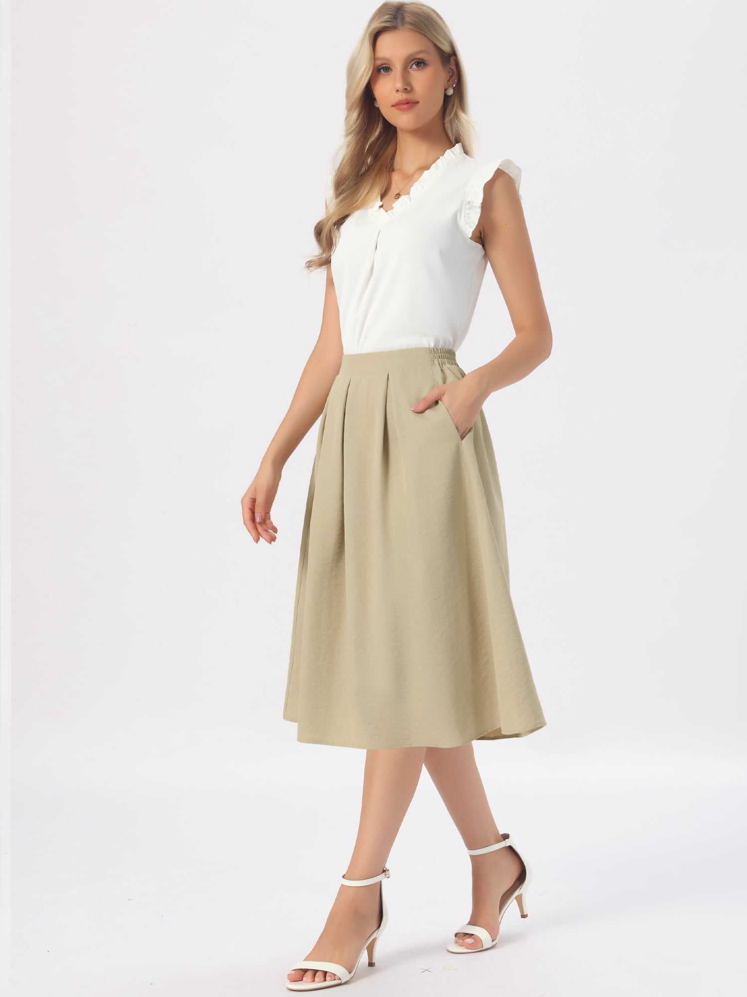DARING DIVA Women's Vintage A-Line Silhouette High Waist  Business Midi Skirts S Khaki
