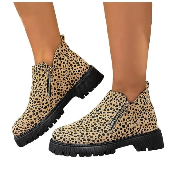 Womens Fall Ankle Boots Waterproof Retro Leopard Print Leather Lug Sole Chunky Heel Double Zipper Business Casual Shoes Loafers