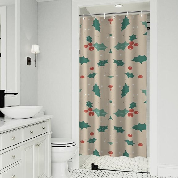 Beige Christmas Holly Pattern Shower Curtain 36"x72" ,Bathroom Decorative Shower Curtains Set with 12 Hooks,Modern Waterproof Washable Shower Curtain