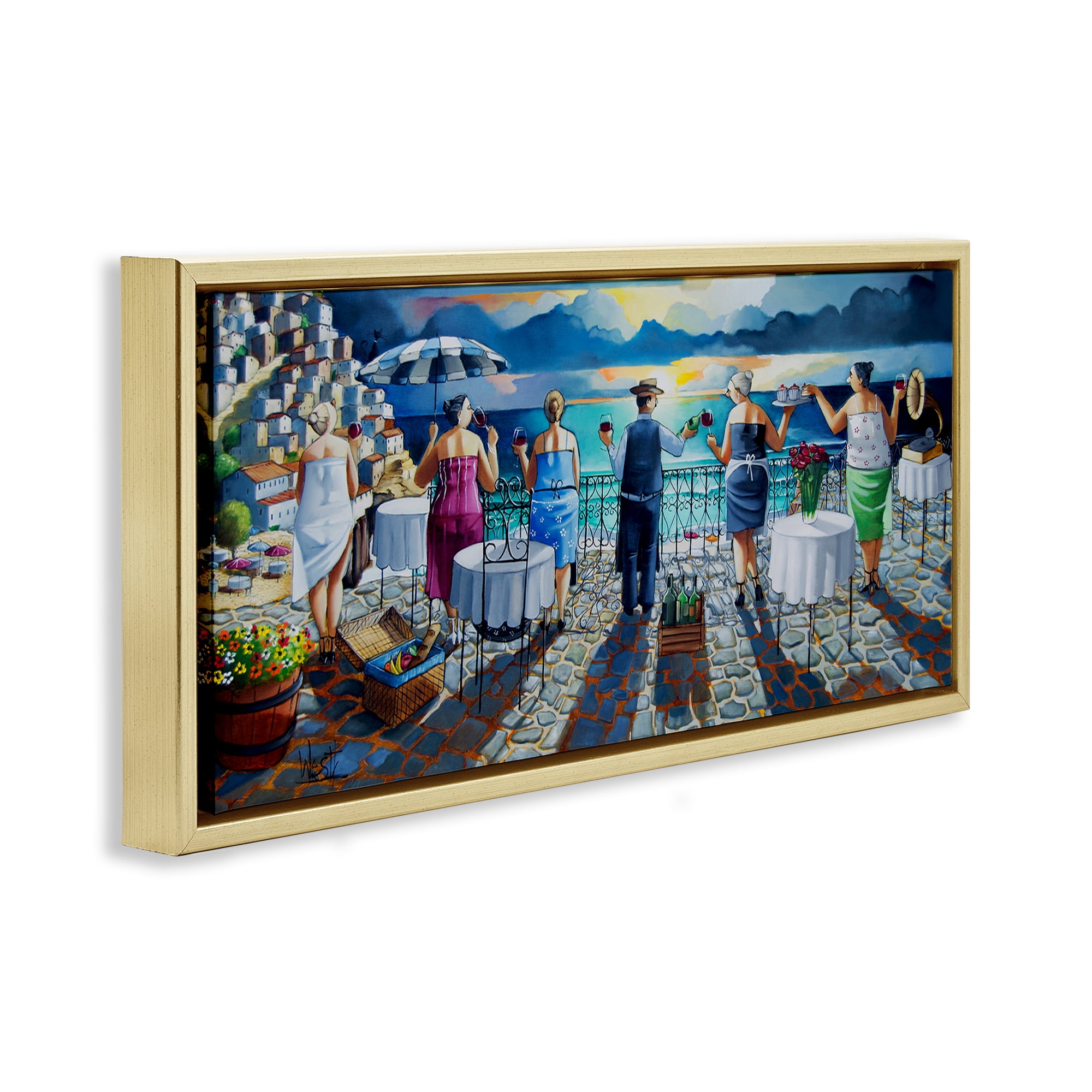Stupell Industries Villa Sunset View People Painting Gold Floater Framed Canvas Art Print Wall Art, 25 x 11