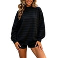 thumbnail image 2 of QTISFD Two Piece Sweat Set for Womens Mock Neck Long Sleeve Striped Oversized Sweatshirt Lightweight Loose Comfy Shorts Pants Sets, 2 of 5