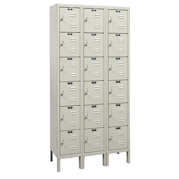 Box Locker, 36 in W, 18 in D, 78 in H, (3) Wide, (6) Tier, Tan