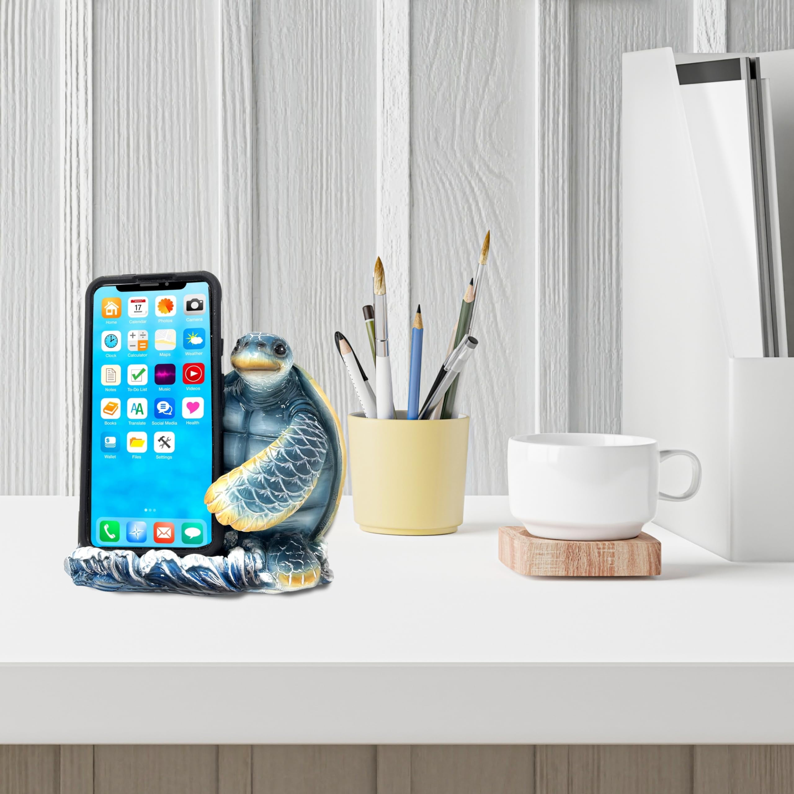 Handcrafted Sea Turtle Cell Phone Stand for Desk - Nautical Coastal Decor, Sturdy Resin Phone Stand, Beachy Marine Style - Symbol of Wisdom, Protection & Longevity, Universal Phone Compatibility