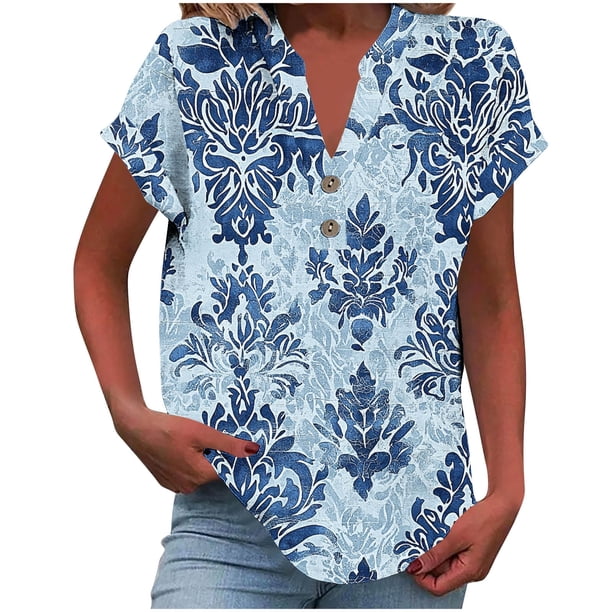 Camisetas de Manga Corta para las Mujeres Casual Impreso Botón Casa V-Cuello Camiseta Blusas, Poliéster
