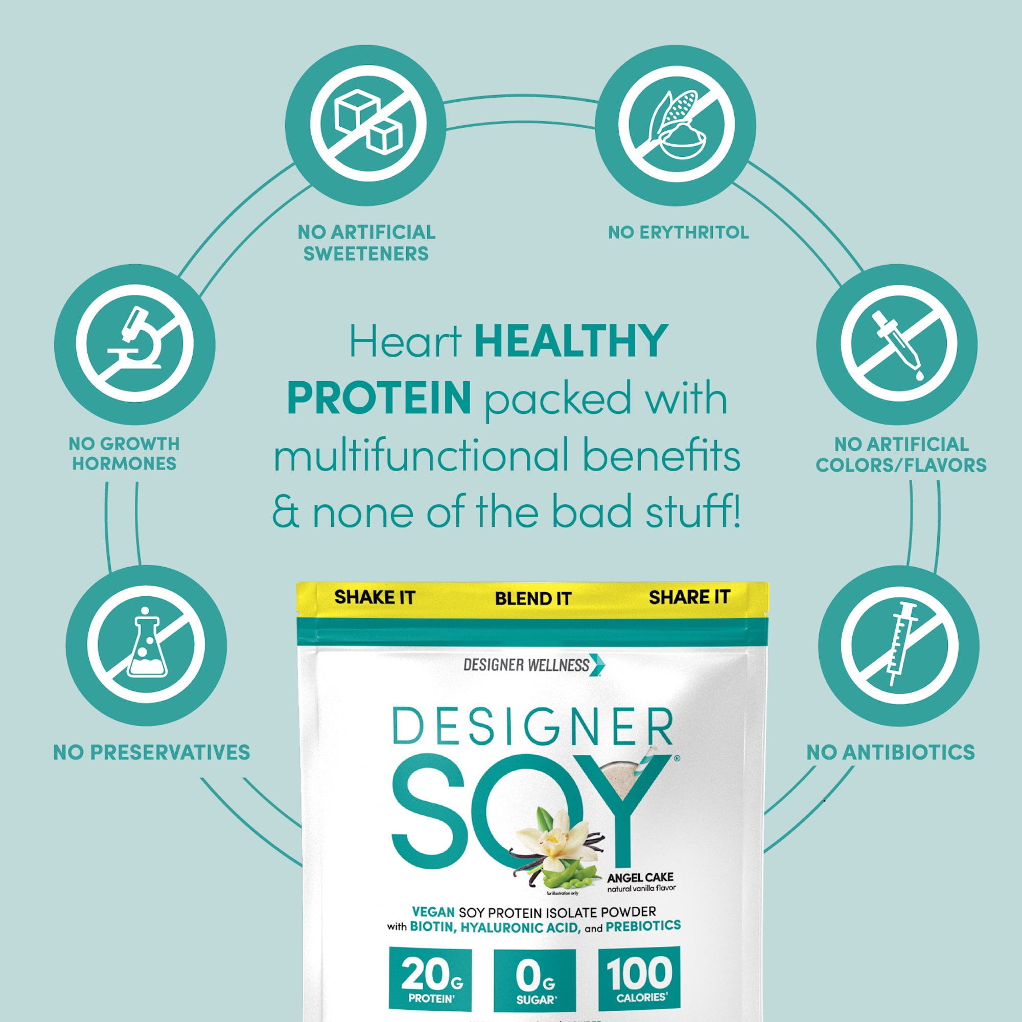 Designer Wellness, Soy Isolate Protein Powder with Biotin, Hyaluronic Acid and Prebiotics, Vegan, Zero Sugar, Angel Cake Natural Vanilla Flavor, 1.87 lb