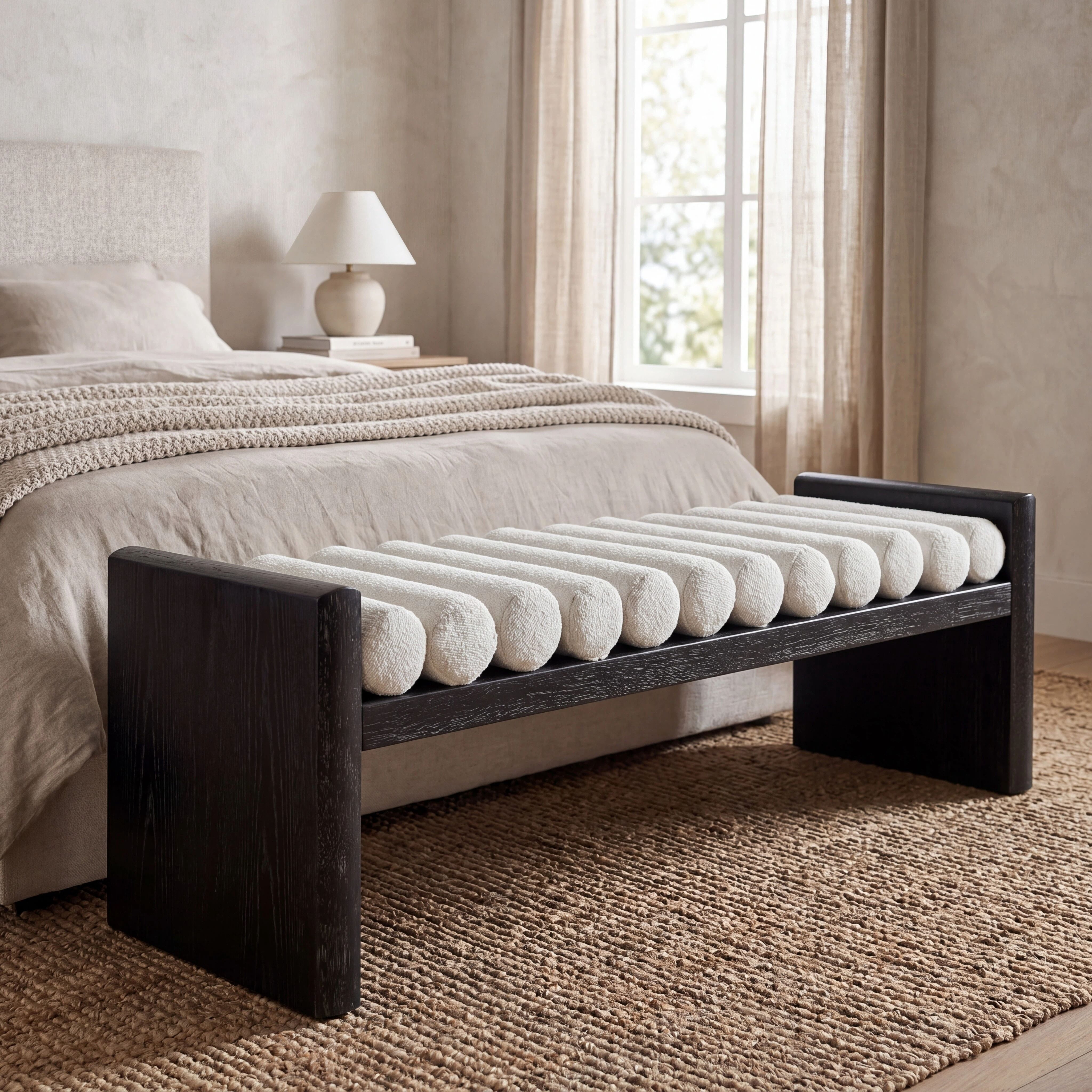 Euroco 62.8" Chenille Upholstered Ottoman Bench, Entryway Bench with Rolled Cushions and Wooden Frame, End of Bed Bench for Living Room, Bedroom,Black
