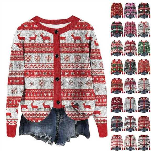 Wiyuqeen Ugly Christmas Cardigan for Women Xmas Print Jacket Crewneck Button Down Ribbed Knit Caedigan Long Sleeve Fall Outwear