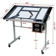 Renwick Adjustable Drafting Table with Tempered Glass and Storage Drawers