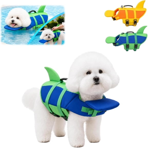 Dog Life Jacket with Chin Float (Blue, Small) | High Buoyancy Shark Vest for Swimming, With Adjustable Straps and Leash Ring for Small Medium Large Dogs, Handle, Reflective