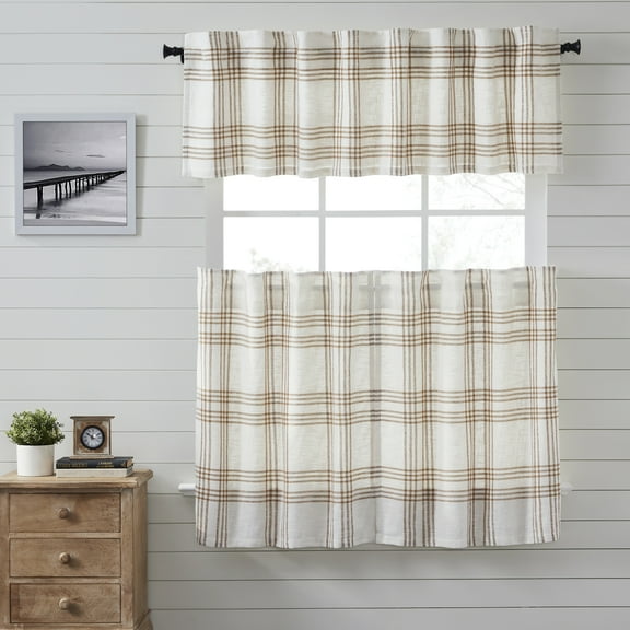VHC Brands Wheat Plaid 3 PC Golden Tan Curtain Set (1 Valance 19x72 and 2 Tier 36x36)