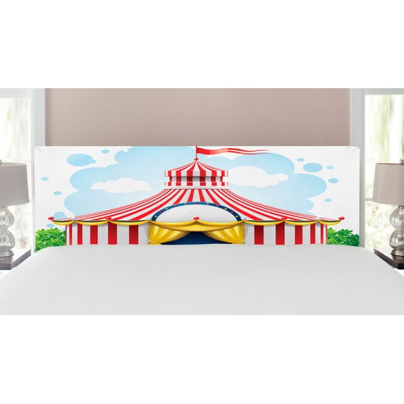 Circus Headboard, Striped Strolling Marquee Tent Flag Art Holiday Leisure Time Fun Print, Upholstered Decorative Metal Bed Headboard with Memory Foam, King Size, Multicolor, by Ambesonne