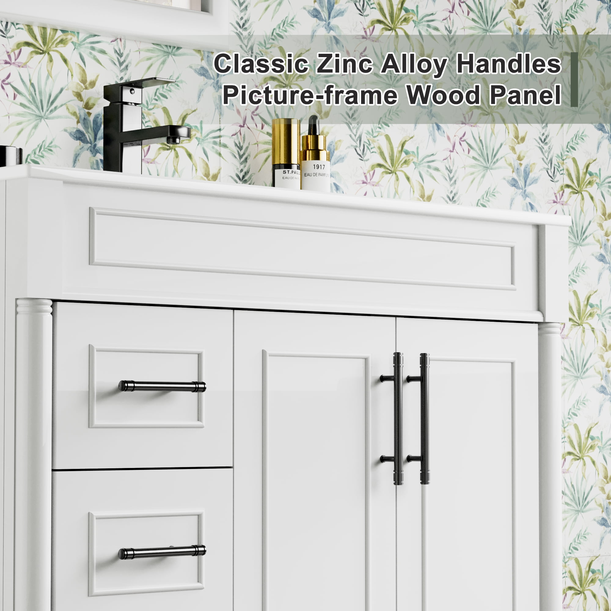 36" Freestanding White Bathroom Vanity with Ceramic Sink Top, Faucet, Classic Tapered legs
