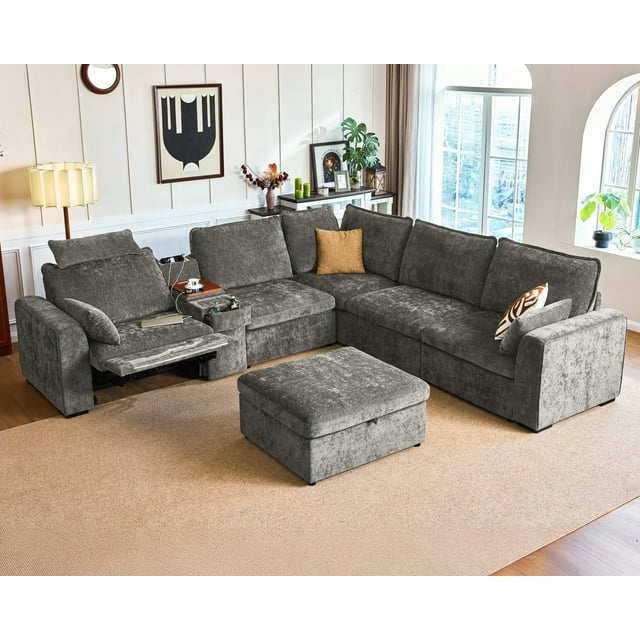 BEDEEP Canapé Inclinable Électrique 133,9 Pieds' avec Console d'Appui-tête, Canapé Sectionnel en Chenille Moduar Cloud avec Ottoman de Rangement, Canapé Convertible 6 Places pour Salon RV, Gris
