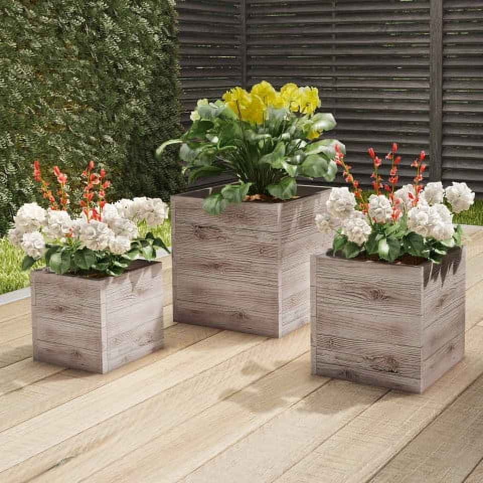 Pure Garden 15.1", 12.1" and 9.6" Large Square Rustic Wood-Look Outdoor Flower Planter Pots, Set of 3 (Gray)