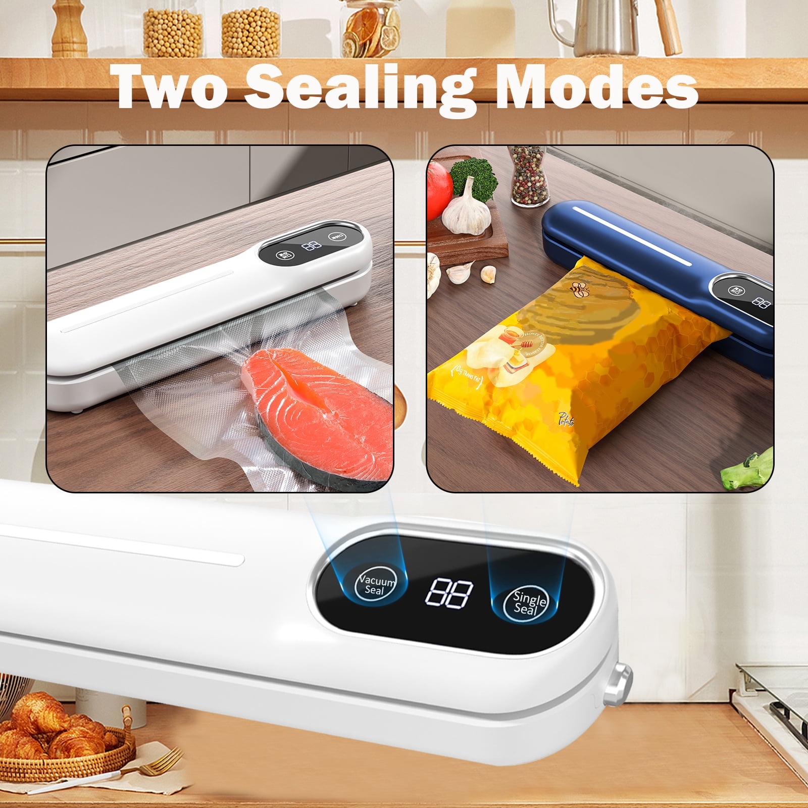 RONY Vacuum Sealing Machine with 10 Bags, 62Kpa Powerful Vacuum Sealer for Food, One-click Sealing Machine with Dry Moist Food Mode