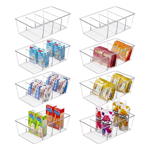 Sindcom 2 Pack Food Storage Organizer Bin with 4 Compartment , Clear Plastic Pantry Organizing Bins, for Spice Packets, Snacks, Pouches, Set of 2