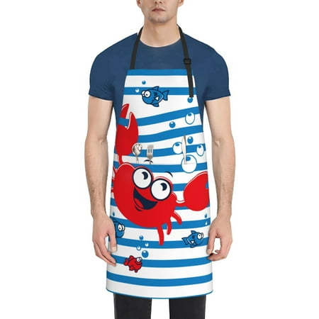 

Xecao Red Funny Crab on Blue Stripe Print Kitchen Cooking Aprons Waterproof Adjustable Bib Aprons with 2 Pockets for Women Men Chef