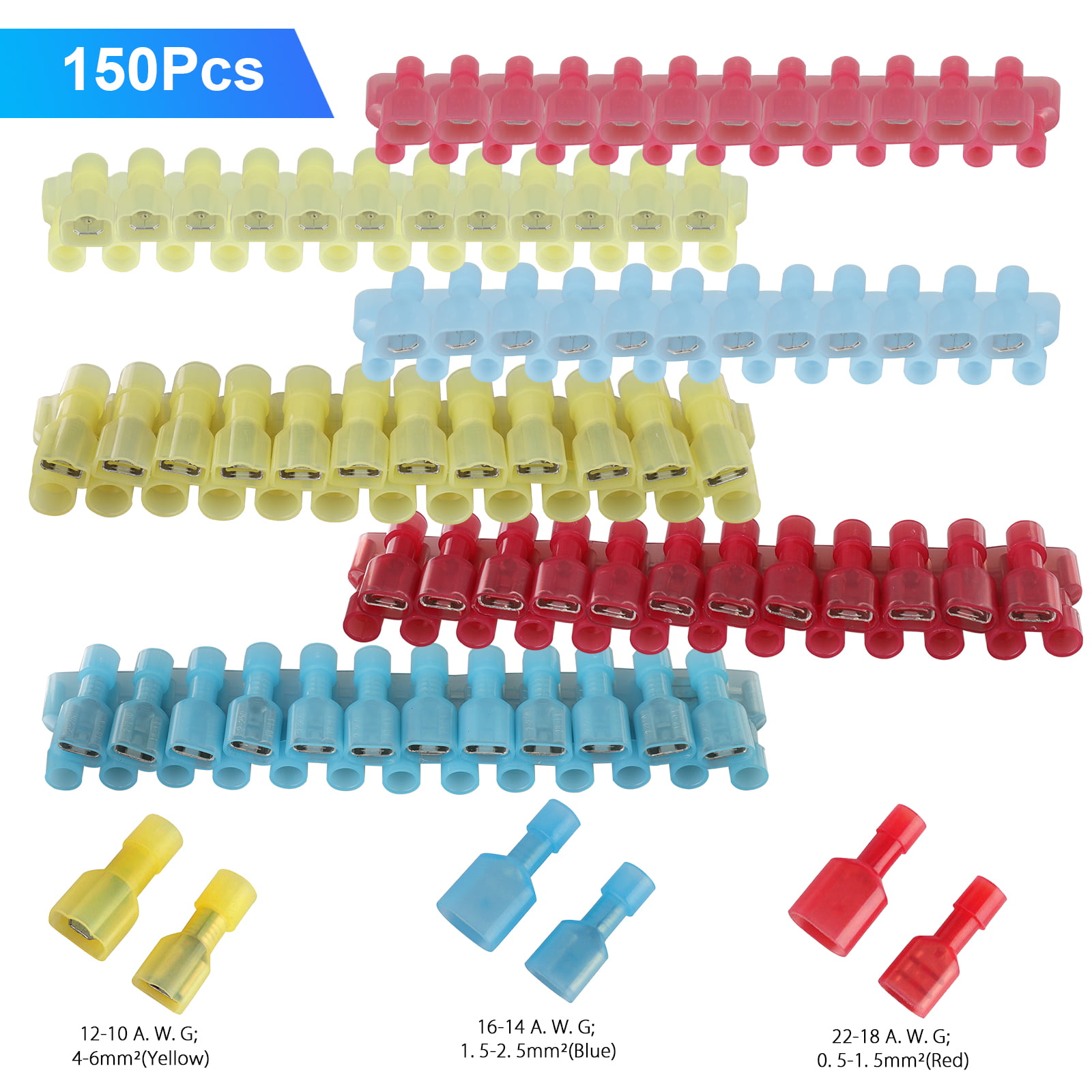Blue Yellow Insulated Crimp Spade Terminals Electrical Connectors Details about   100/50x Red