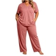 thumbnail image 3 of Womens Plus Size Pajama Sets Fashionable Oversized Solid Color Button V Neck Short Sleeved Shirt Long Pants Casual Home Suit Set XXXXXL, 3 of 6