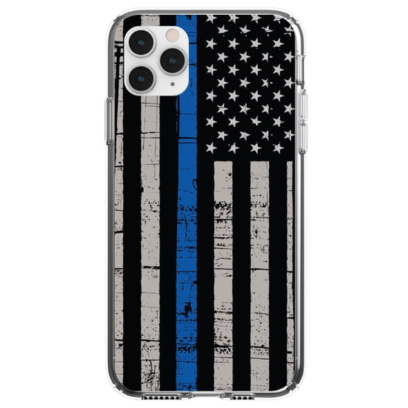 DistinctInk Clear Shockproof Hybrid Case for iPhone 13 Pro MAX (6.7" Screen) - TPU Bumper, Acrylic Back, Tempered Glass Screen Protector - Weathered Thin Blue Line US Flag - First Responders