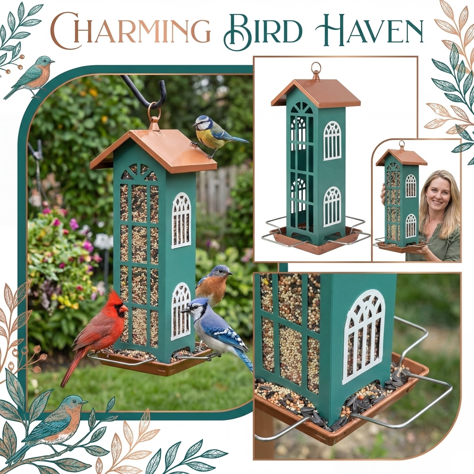 Copper Bird Feeder, Metal Bird Feeder, Outdoor Bird Feeder, Bird Feeder, Shepherds Hook for Bird Feeder, Bird Feeder Hanger, Outdoor and Garden, Bird Feeder Tray, 18X8 In, 1 Pc