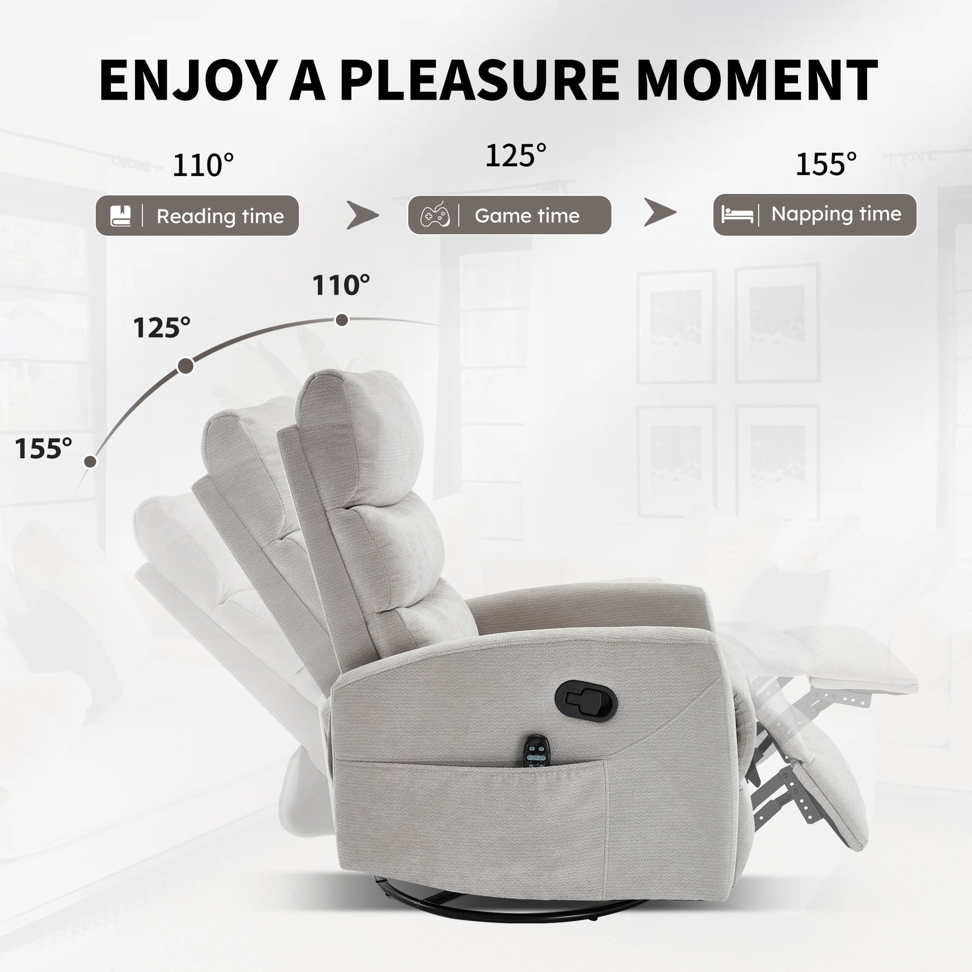MAYEERTY 360 Degree Swivel Rocker Recliner Chair, Manual Recline Glider Chair with 8-Point Vibration Massage & Lumbar Heat, for Living Room Nursery Bedroom