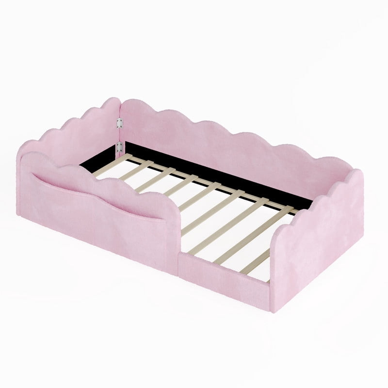 Twin Size Upholstered Floor Bed, Faux Rabbit Fur Daybed Frame with 2 Storage Pockets, Kids Bed with Wavy Design Fence