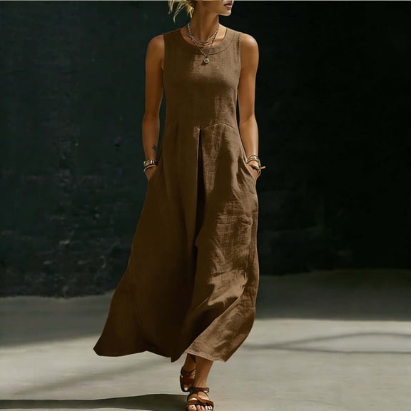 QUNYINEY A Line Sundress for Women Long Sleeveless Cotton Linen Solid Tank Dress Summer with Pockets Loose Fit Crew Neck Dresses