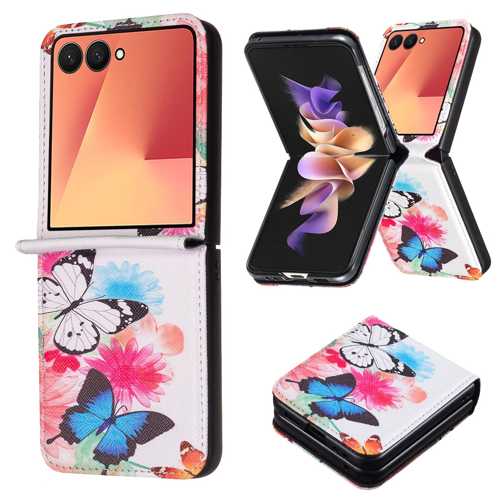 TECH CIRCLE PU Leather Phone Case for Samsung Galaxy Z Flip 8, Cute Cartoon Lightweight Protectibe Cover, Blue White Butterfly