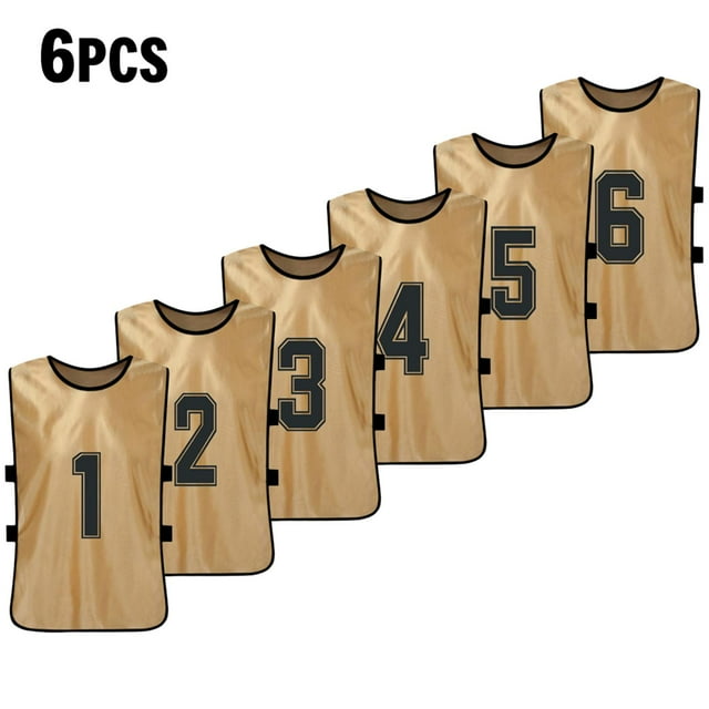Tignapoo Set of 6 Adult Double-Sided Team Vests with Numbers 1-6 in Earth Gold Color - Breathable Fabric for Sports Activities Like Football and Basketball