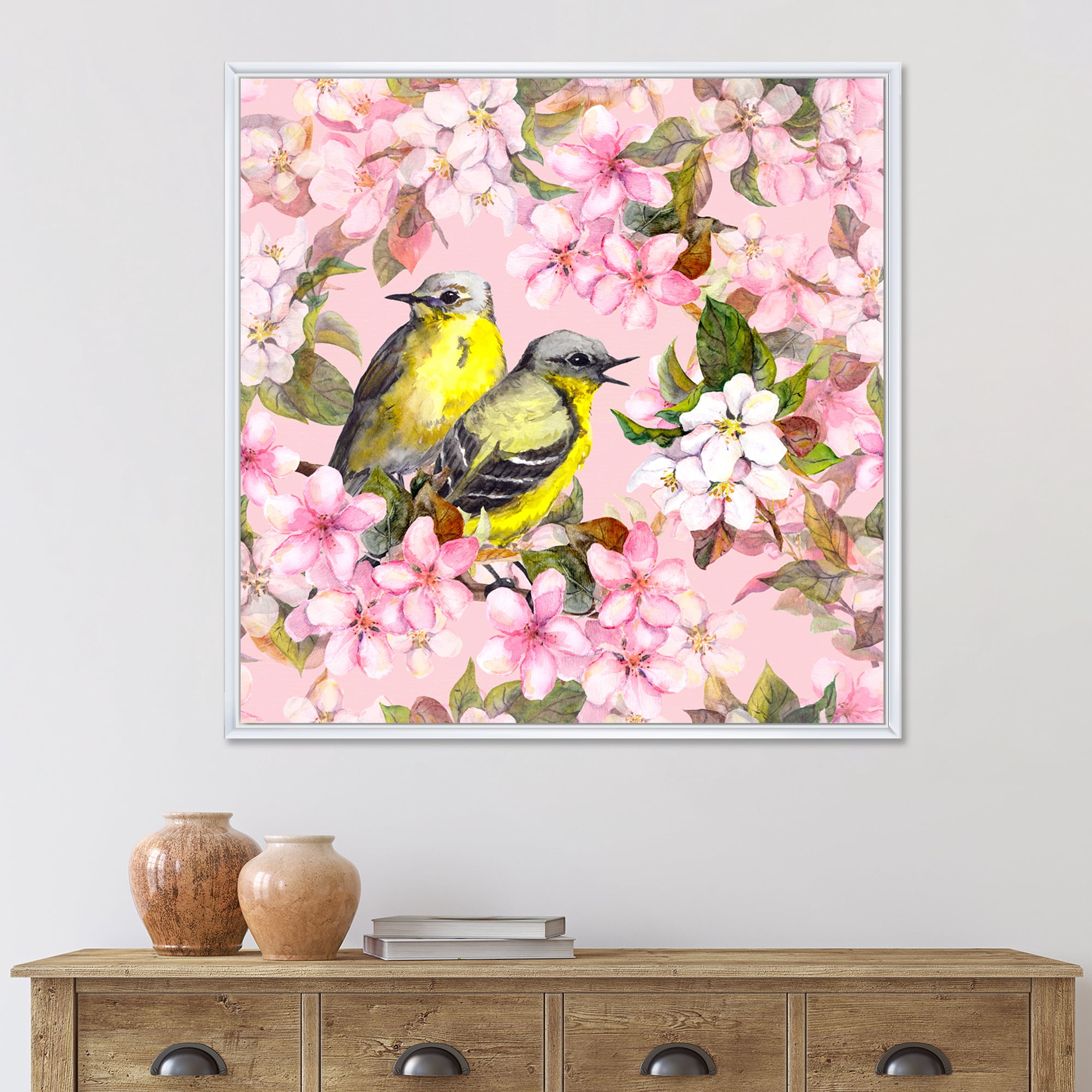 Designart 'Birds On Pink Cherry Sakura and Apple Flowers I' Traditional Framed Canvas Wall Art Print