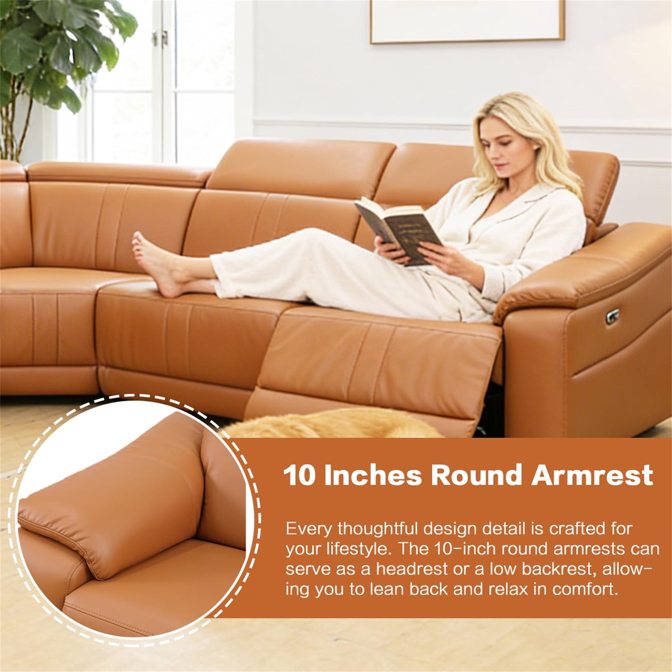 Aukfa 6-Piece Power Recliner Sofa Set Sectional Couch with Cup Holders& USB Port Storage Console, Breathing Leather, Light Brown