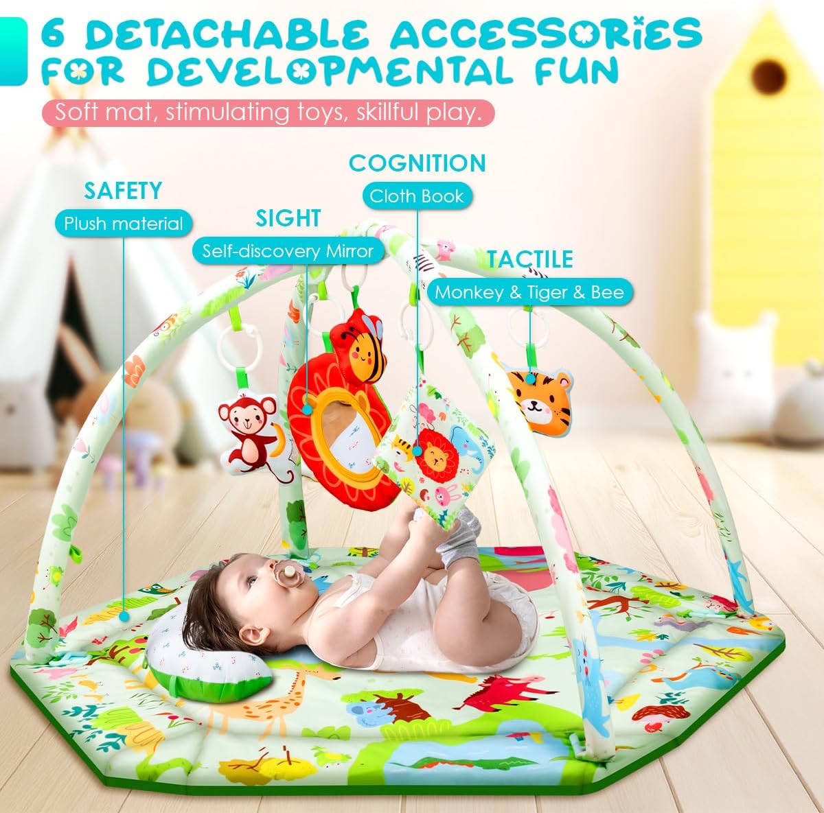 Baby Activity Gym & Play Mat with 6 Detachable Toys-Activity Gym for Visual, Auditory & Motor Development-Washable Baby Activity Mat for 0-12 Month Infants(Animal Theme)