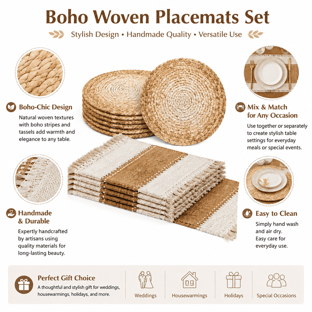 Boho Woven Placemats Set of 12 - Handmade Cotton Burlap and Water Straw Woven Combination Table Mats for Dining Table Decor