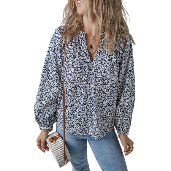 Women's Elegant Blue Floral Print Notched V Neck Puff Sleeve Blouse - [ZhiHiMeRi] | (US 12-14)L
