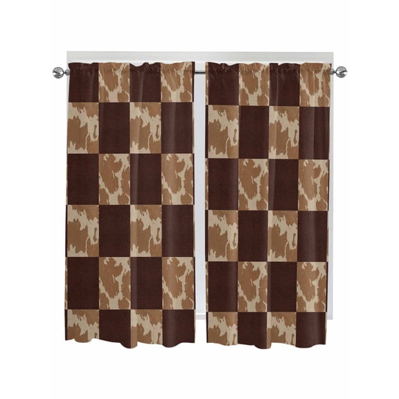 Vintage Patchwork Bathroom Window Curtain, Western Brown Animal Texture Plaid Light Filtering Coffee Kitchen Curtains, Bedroom Living Room Curtains 2 Panel 84"x63"