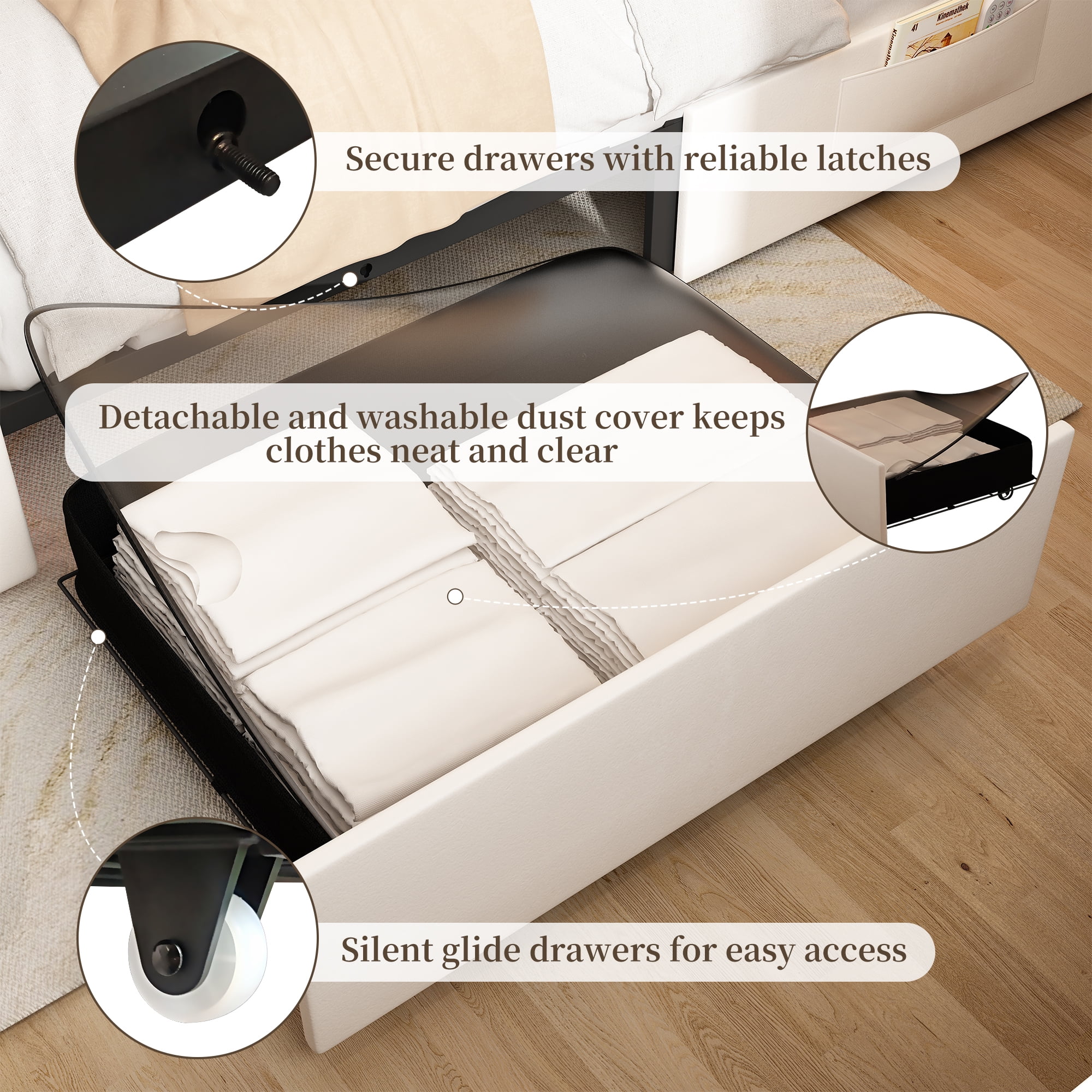 SIBEDS Full Upholstered LED Bed Frame with 2 Storage Drawers, Velvet Cream Diamond Tufted Headboard, RGB Lights, Noise Free, No Box Spring Needed