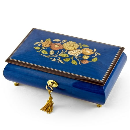Radiant 30 Note Royal Blue Floral Inlay Musical Jewelry Box with Lock and Key - Anniversary