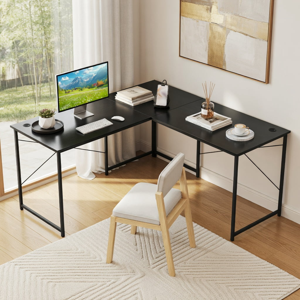 Demi Bonn 95" 2-Person L-Shaped Long Reversible Computer Desk with Monitor Stand, Small Home Office Desk Study Writing Table, Black