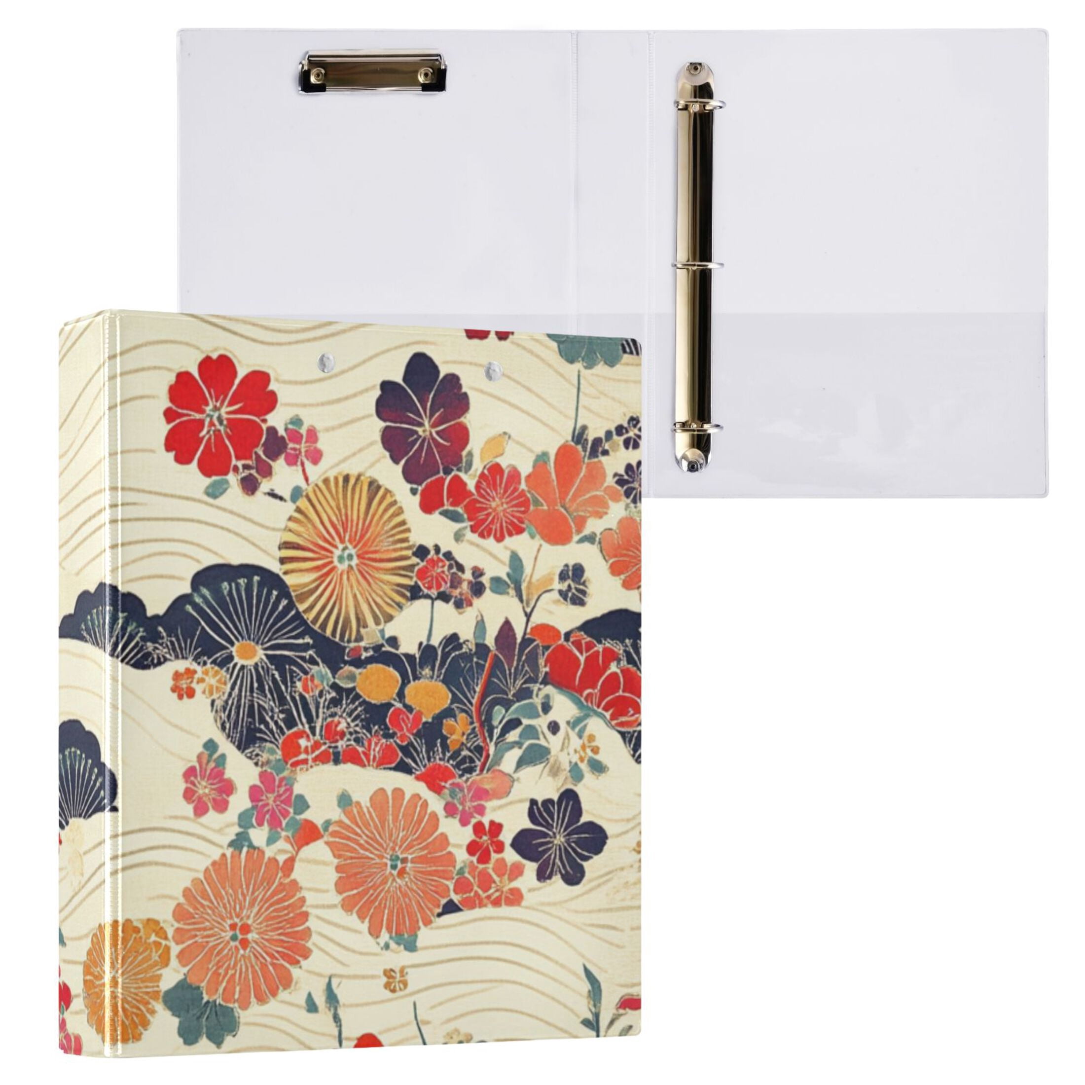 Bohemia Lines Flowers 3 Ring Binders 1.5 inch Hardcover File Folders with Interior Pockets A4 Size Organizer for School Office Hospital