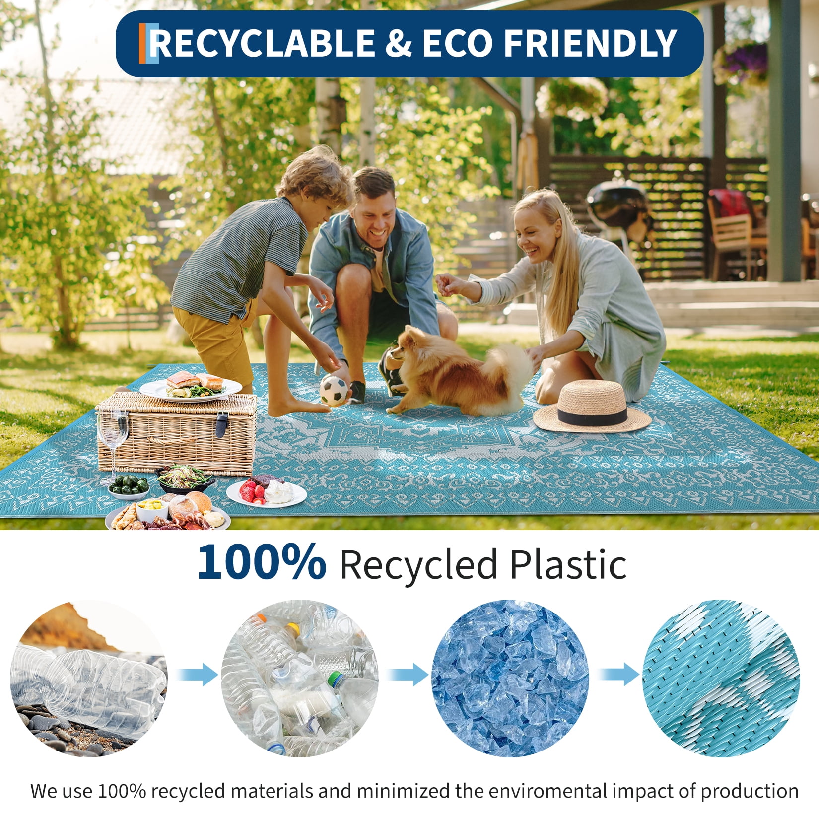 Reversible Outdoor Plastic Straw Rug 8x10ft – Waterproof Large Vintage Medallion Patio Carpet, All-Weather Area Mat, for Deck, Balcony, Porch, Camping, RV, Picnic – Light Blue/White, USA