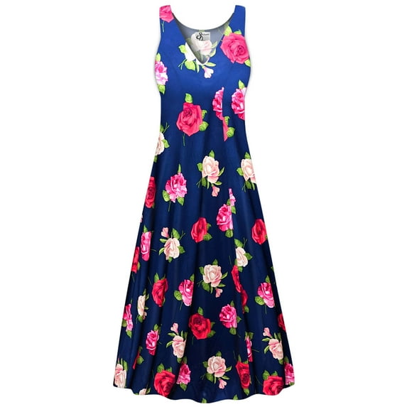 Small Petite Womens Dress Rose Bloom Sea Designer Print Sleeveless Low V-Neck Princess Cut