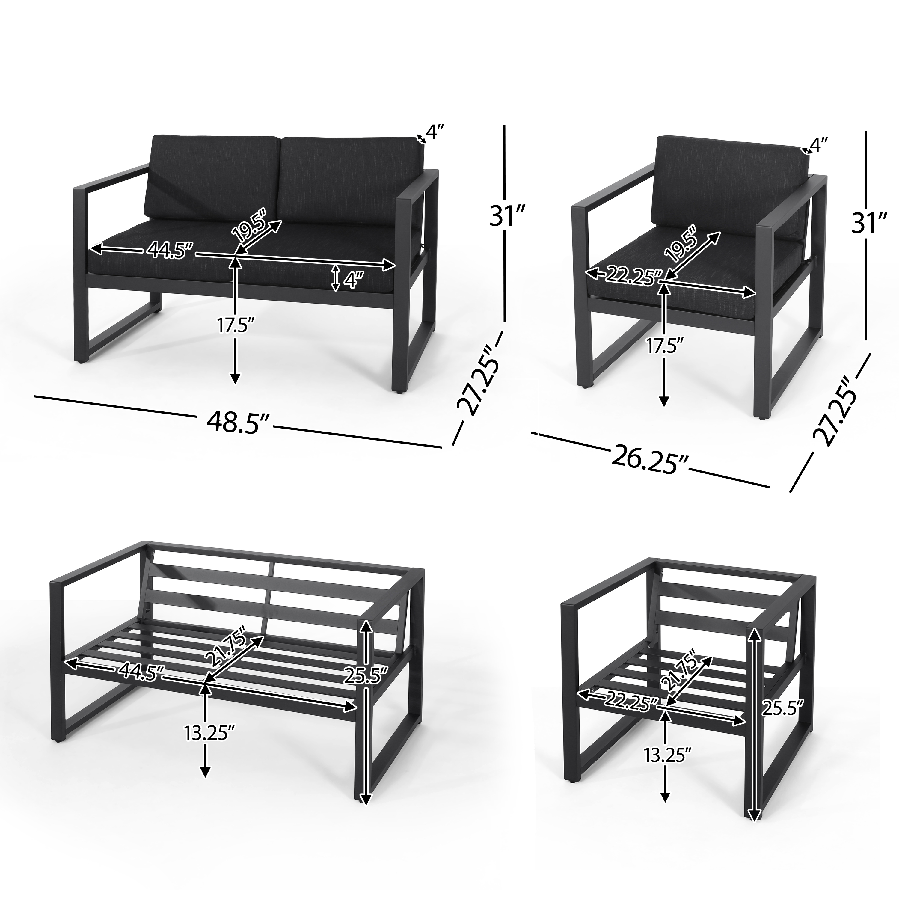 Outdoor 4 Seater Aluminum Chat Set with Cushions, Silver,Grey
