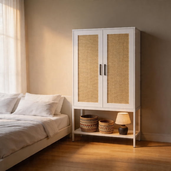 Wardrobe Closet,Rattan Bedroom Armoires with 2 Doors,Wooden Wardrobe Cabinet with Shelves and Hanging Rod for Clothes