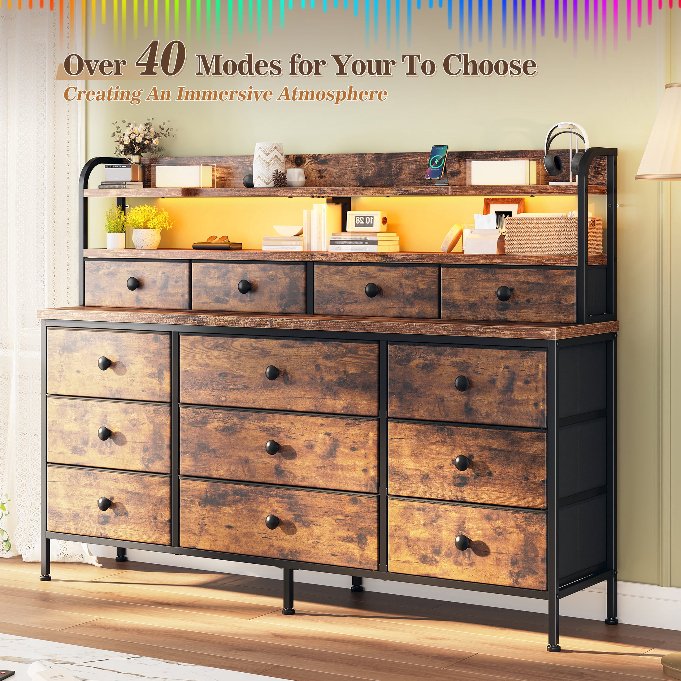 Dresser for Bedroom Long Dresser with 13 Fabric Drawers and Shelves for Closet with LED Light, Rustic Brown