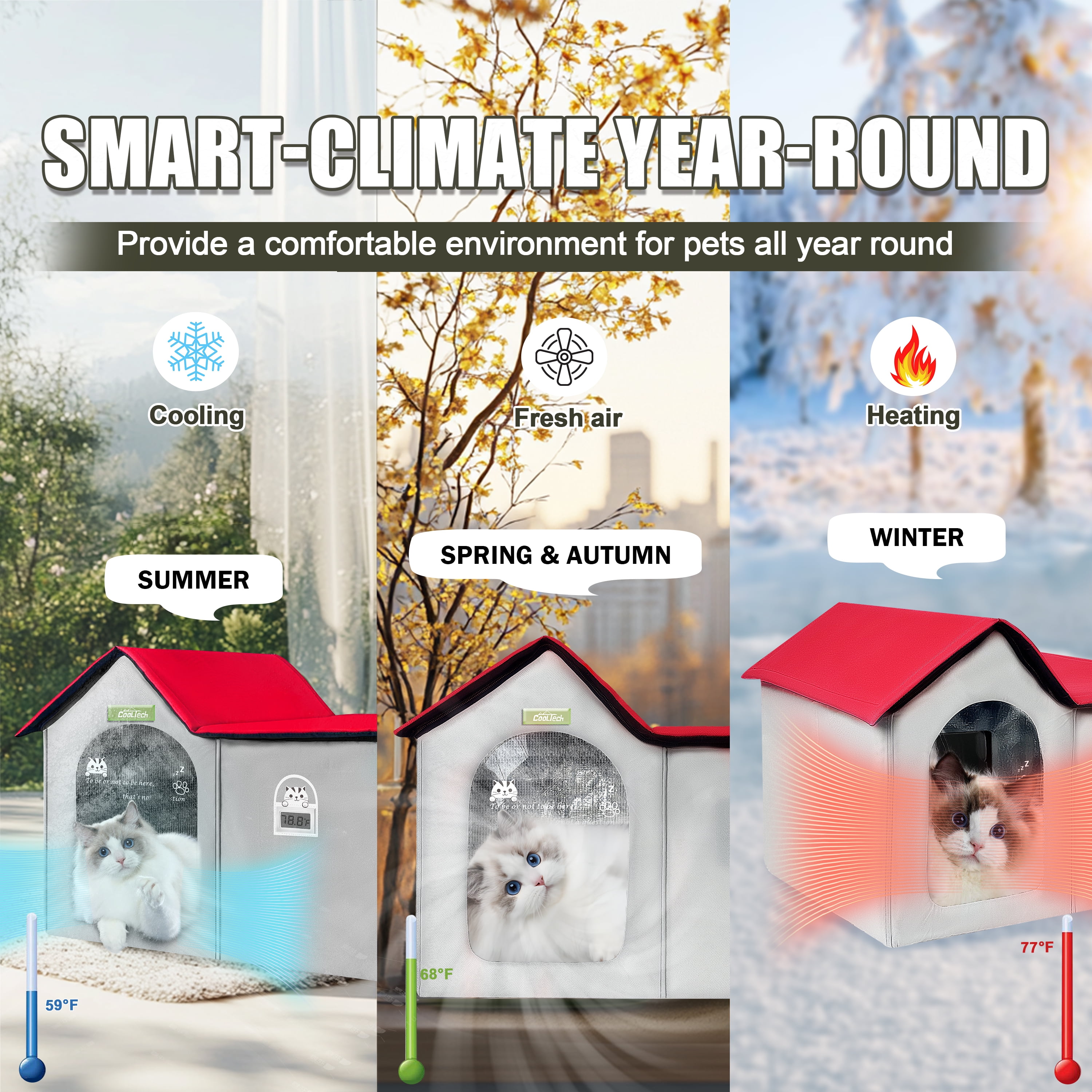 Cooling House for Cat, Air-Conditioned Room for Pet, Outdoor Heated Cat House Foldable Pet Air-Con House, with Cooling and Heating Function