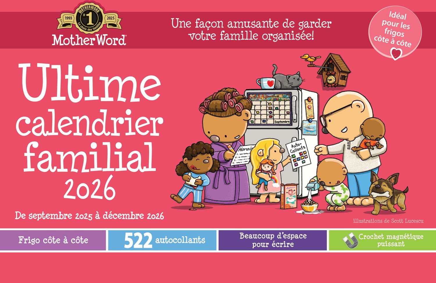 Calendrier magnétique Motherword 2026 pour réfrigérateur/mur (Version Côte à Côte) - Français Calendrier